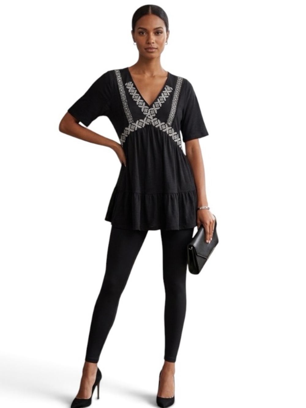 Hayden Embroidered Peplum Top - Black and White